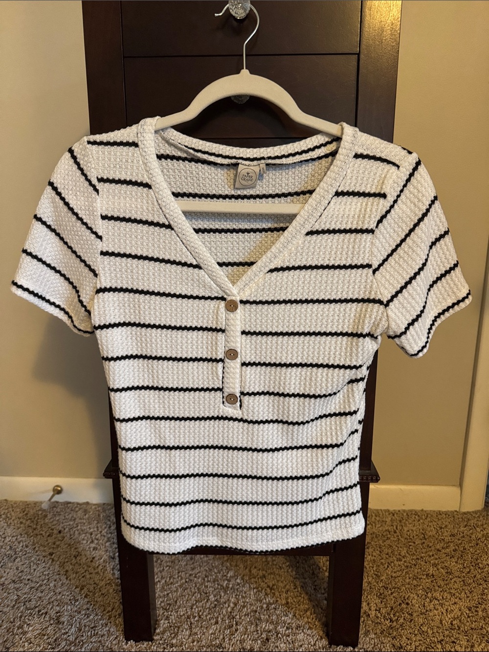 Paper Crane White Short-Sleeve V-Neck Stripe Knit Top